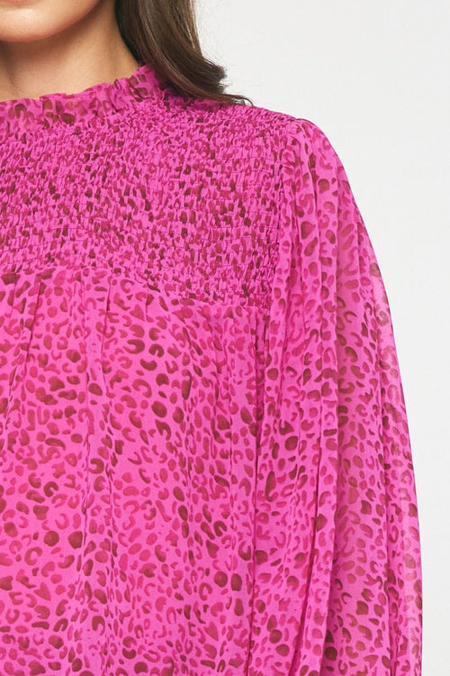 Magenta Leopard Print Smocked Ruffle Neck Balloon Sleeve Top
