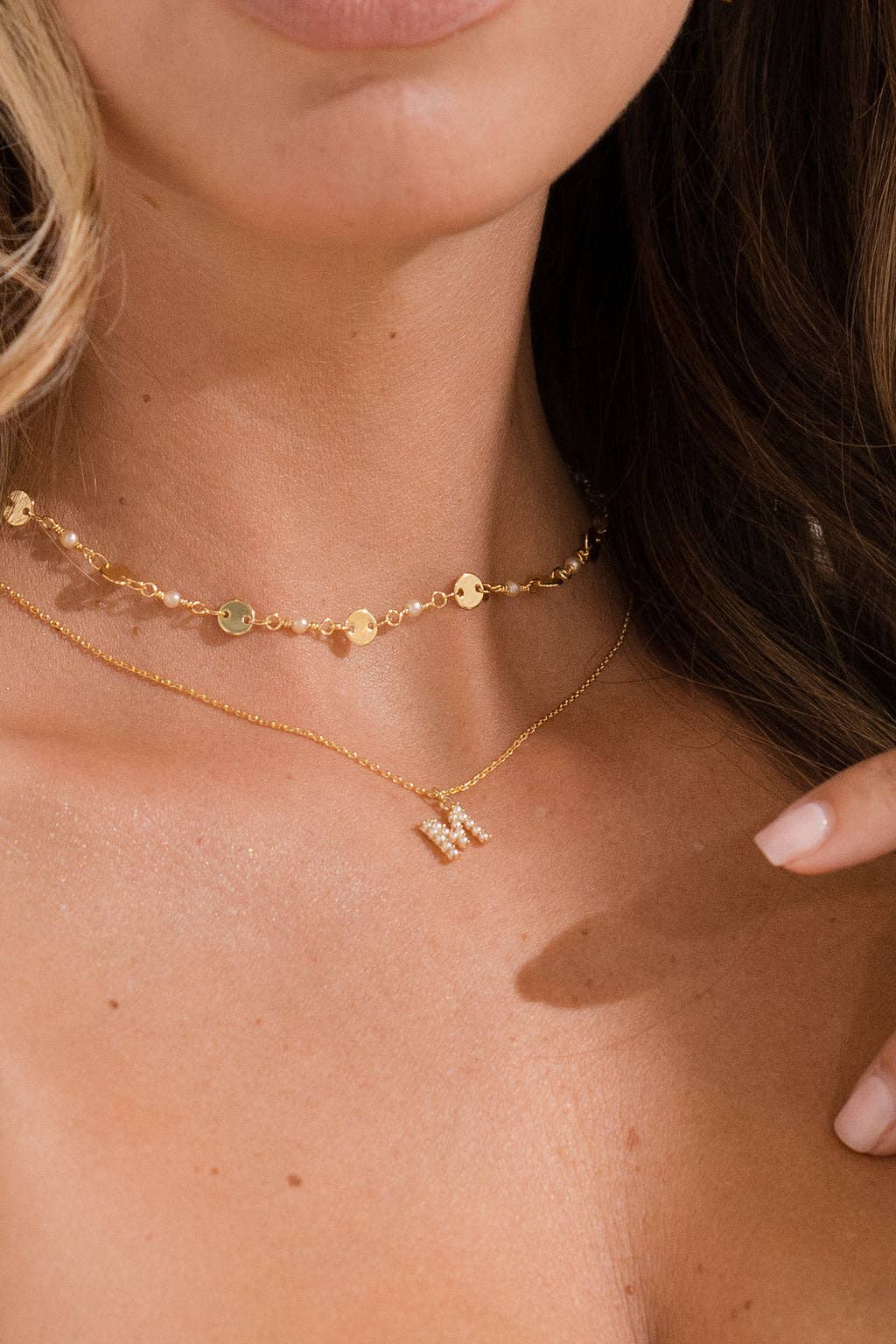 18K Gold Dainty Pearl Initial Pendant Necklace: 15" + 3" / S