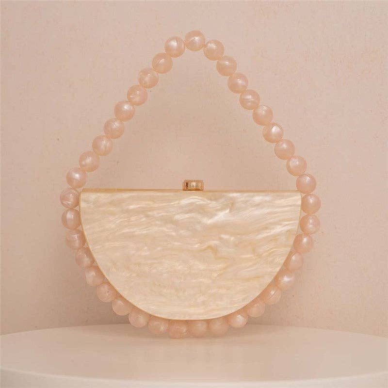 Pearlescent Acrylic Half Moon Beaded Evening Bag: Champagne