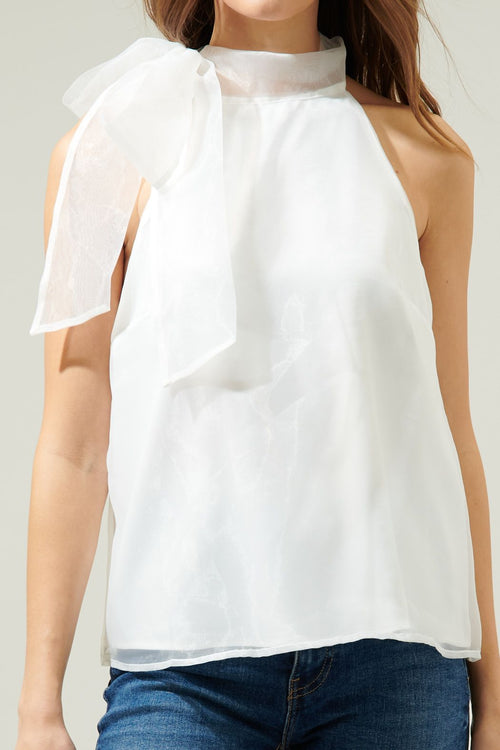 Organza Halter Bow Tie Lined Tank Top