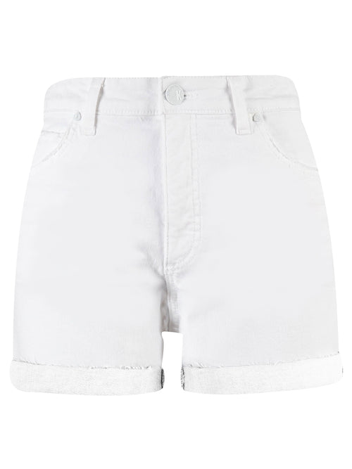 Jane High Rise Uneven Roll Up Raw Hem Boyfriend Short in Optic White