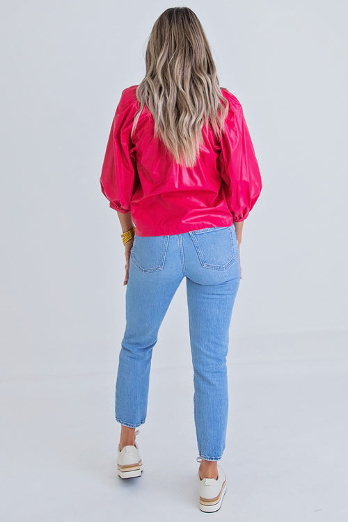Cranberry Pleather V Neck Button Down Three Quarter Sleeve Top