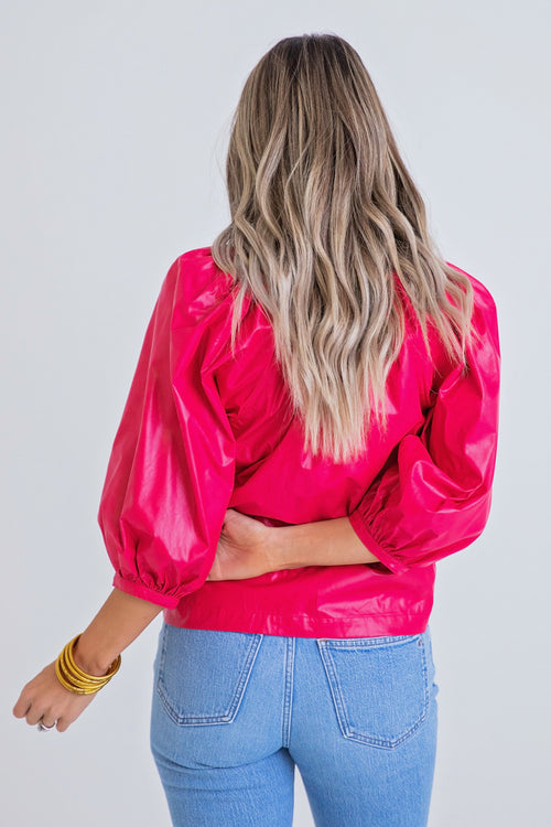 Cranberry Pleather V Neck Button Down Three Quarter Sleeve Top