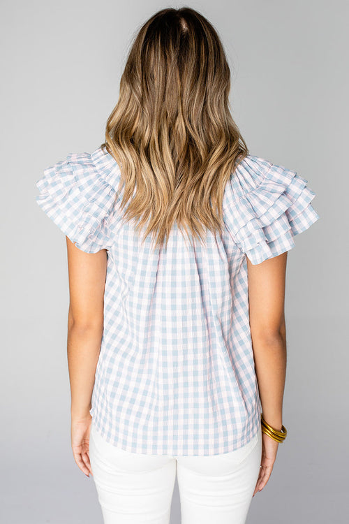 Carla Carolina Pink Blue Plaid V Neck Front Tie Ruffle Sleeve Top