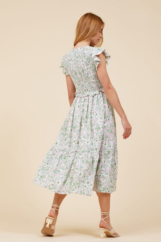 Green Floral Smocked Dress