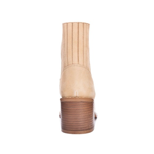 Miley Natural Suede Western Stacked Block Heel Plain Toe Ankle Boot