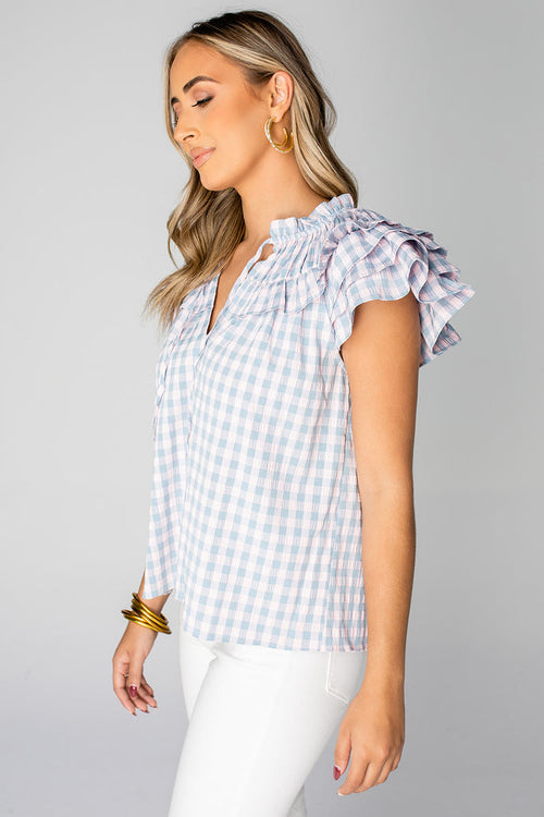 Carla Carolina Pink Blue Plaid V Neck Front Tie Ruffle Sleeve Top