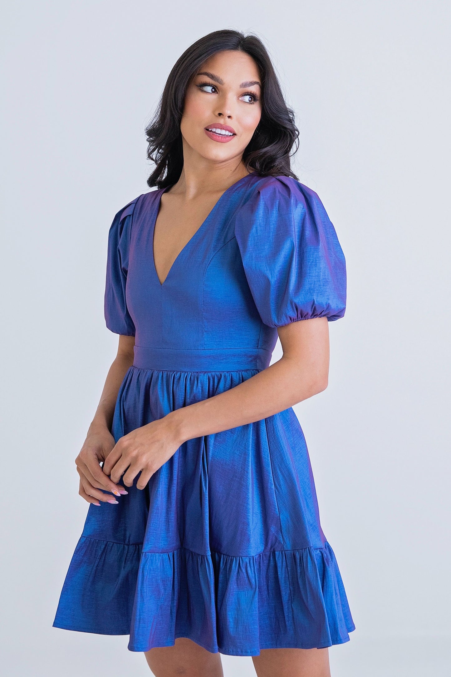 Taffeta V Neck Puff Sleeve Dress