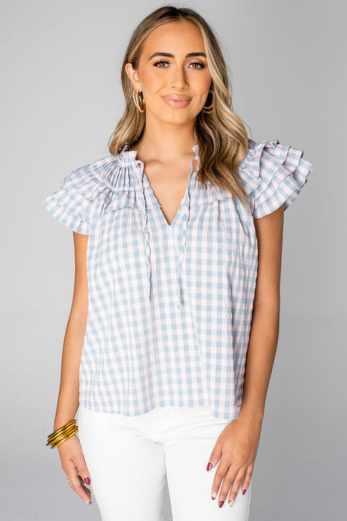Carla Carolina Pink Blue Plaid V Neck Front Tie Ruffle Sleeve Top