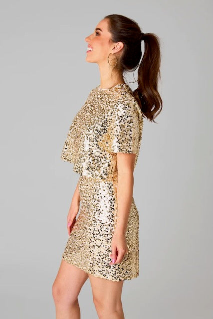 Spicy Gold Sequin Cropped Top Mini Skirt Two Piece Set