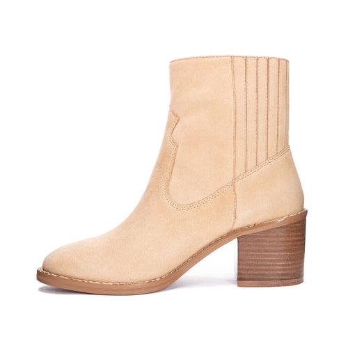 Miley Natural Suede Western Stacked Block Heel Plain Toe Ankle Boot