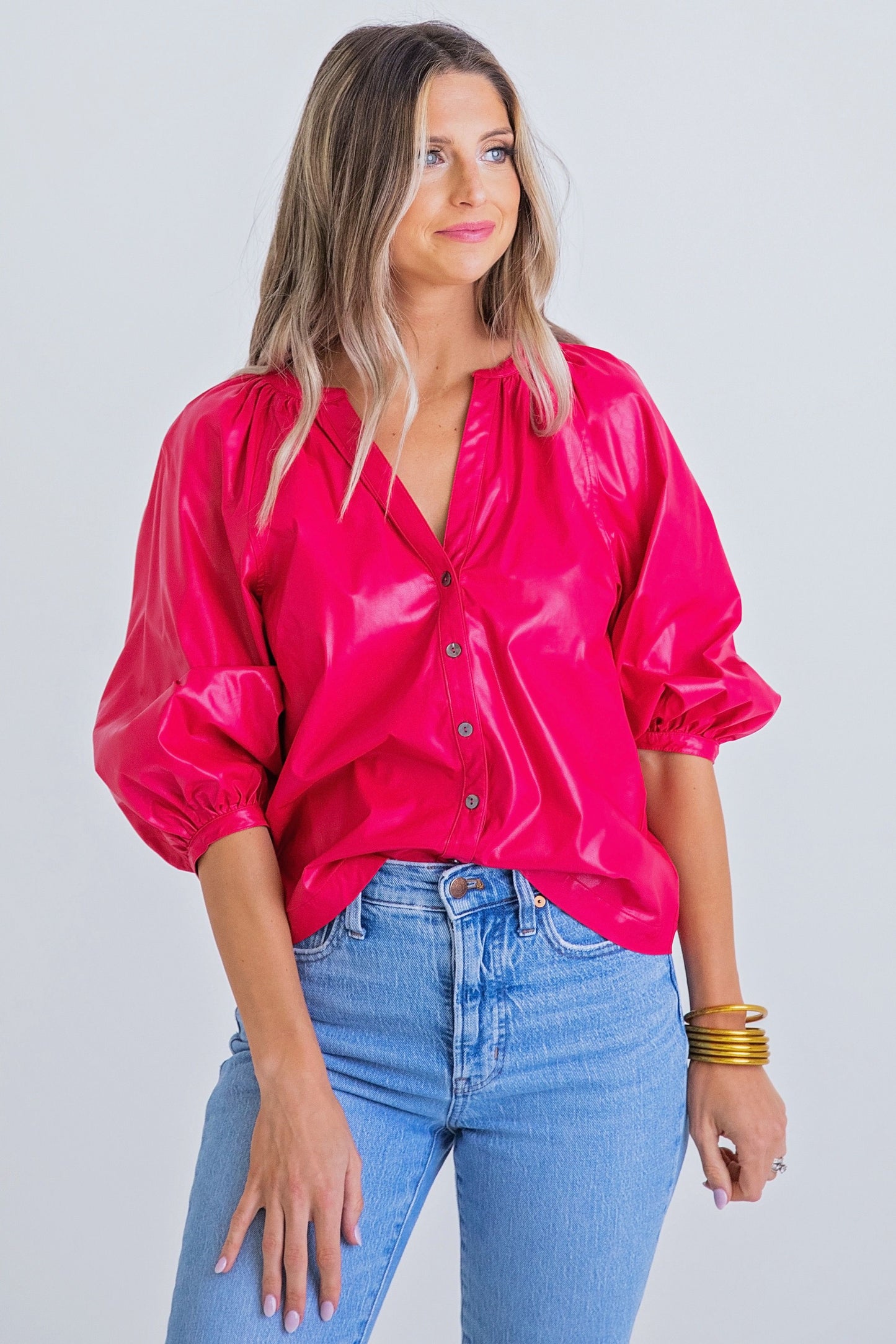 Cranberry Pleather Button Top