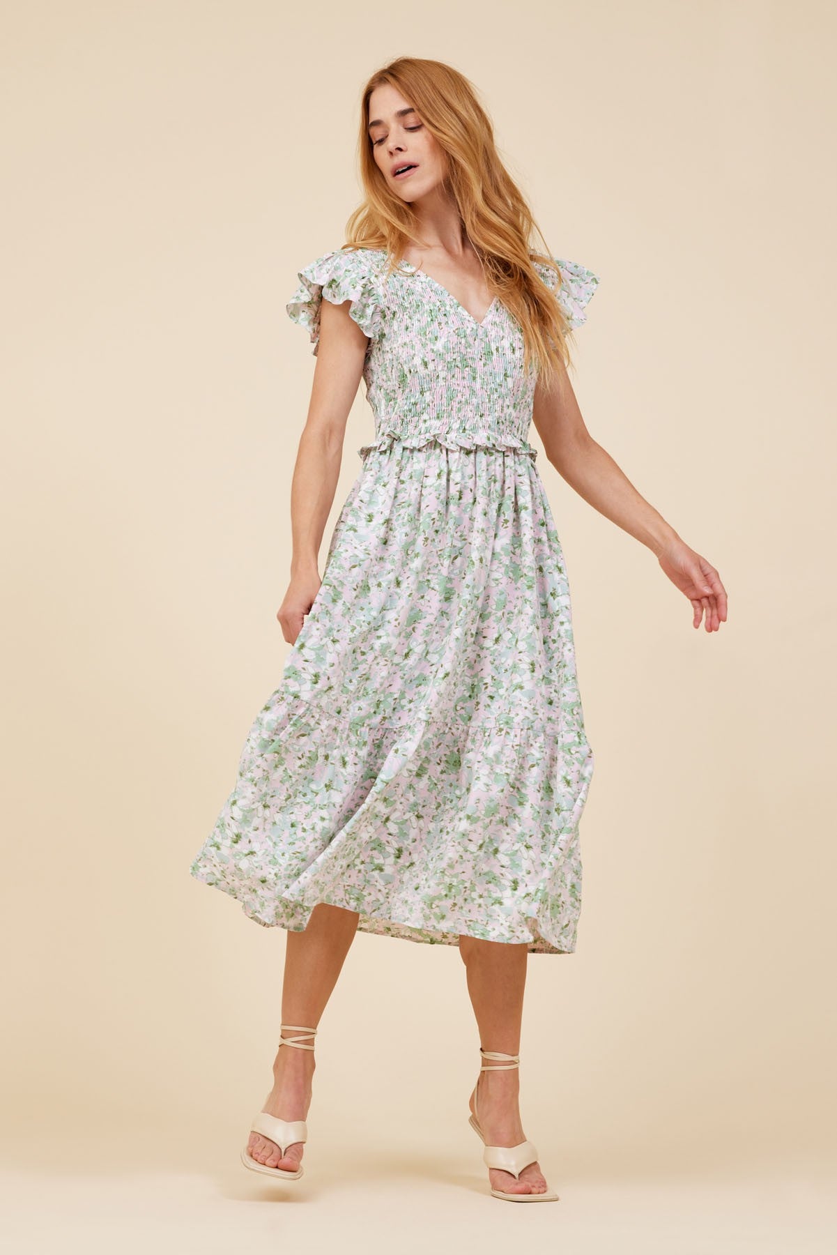 Green Floral Smocked Dress