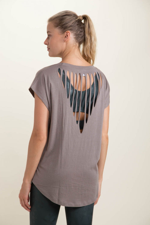 Shredded Reverse Triangle Cut Out Back Cap Sleeve Athleisure Tee