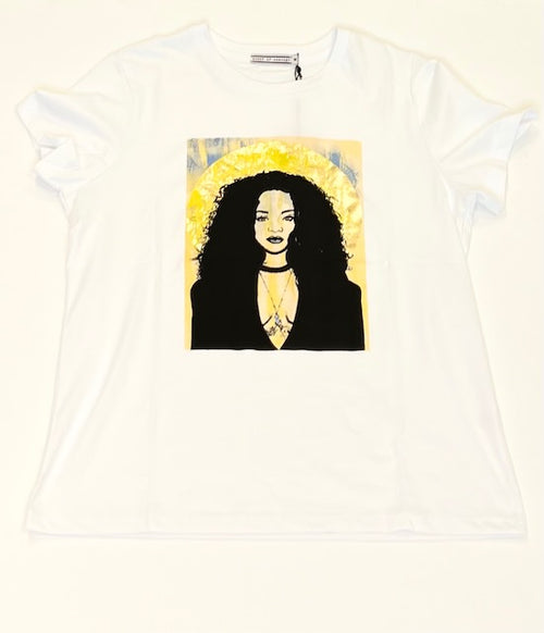 RiRi Rihanna Pop Art Cream Gold Foil Detail Crew Neck Tee