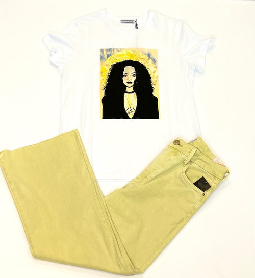 RiRi Rihanna Pop Art Cream Gold Foil Detail Crew Neck Tee