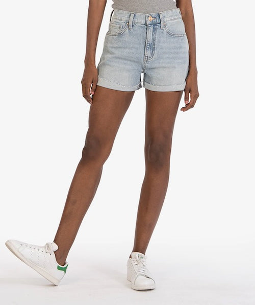 Jane High Rise Lightweight Uneven Roll Up Raw Hem Boyfriend Denim Short
