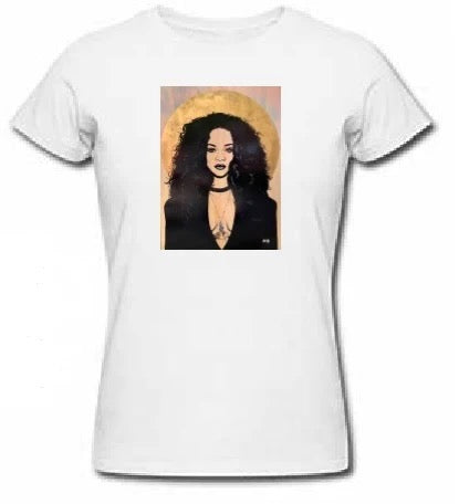 RiRi Rihanna Pop Art Cream Gold Foil Detail Crew Neck Tee