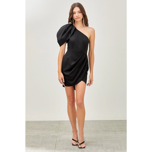 One Shoulder Puff Pleat Dress