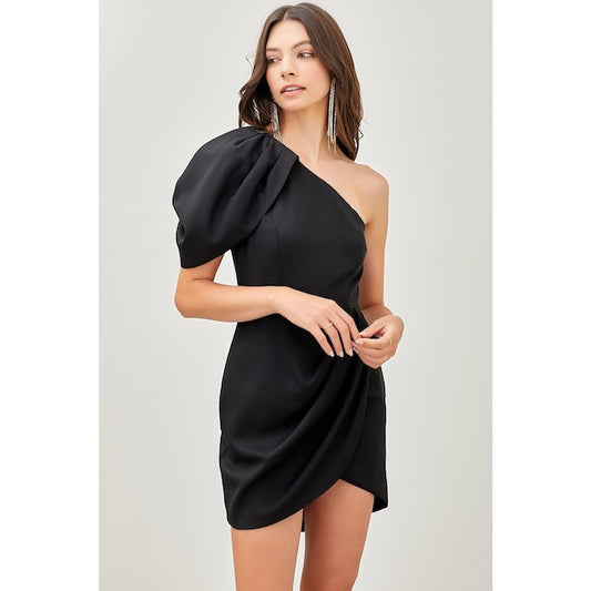 One Shoulder Puff Pleat Dress