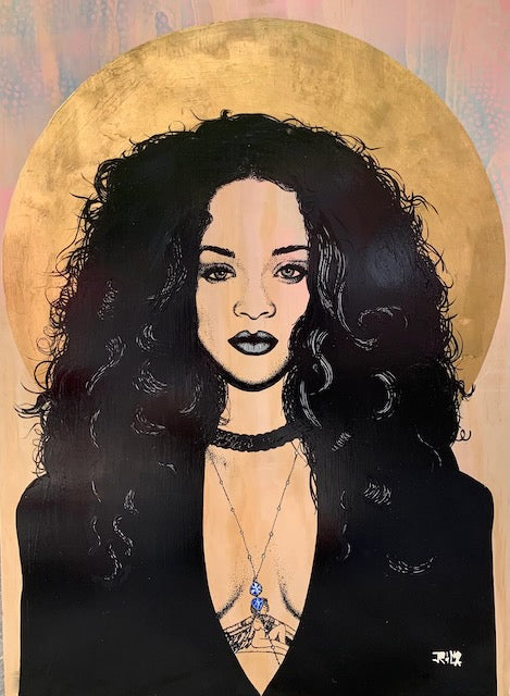 RiRi Rihanna Pop Art Cream Gold Foil Detail Crew Neck Tee